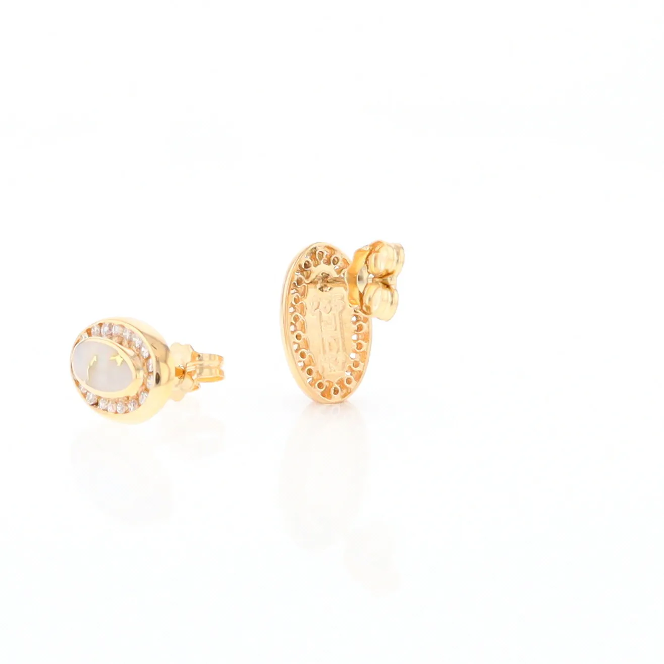 Gold Quartz Earrings Oval Inlaid with .25ctw Round Diamonds Halo