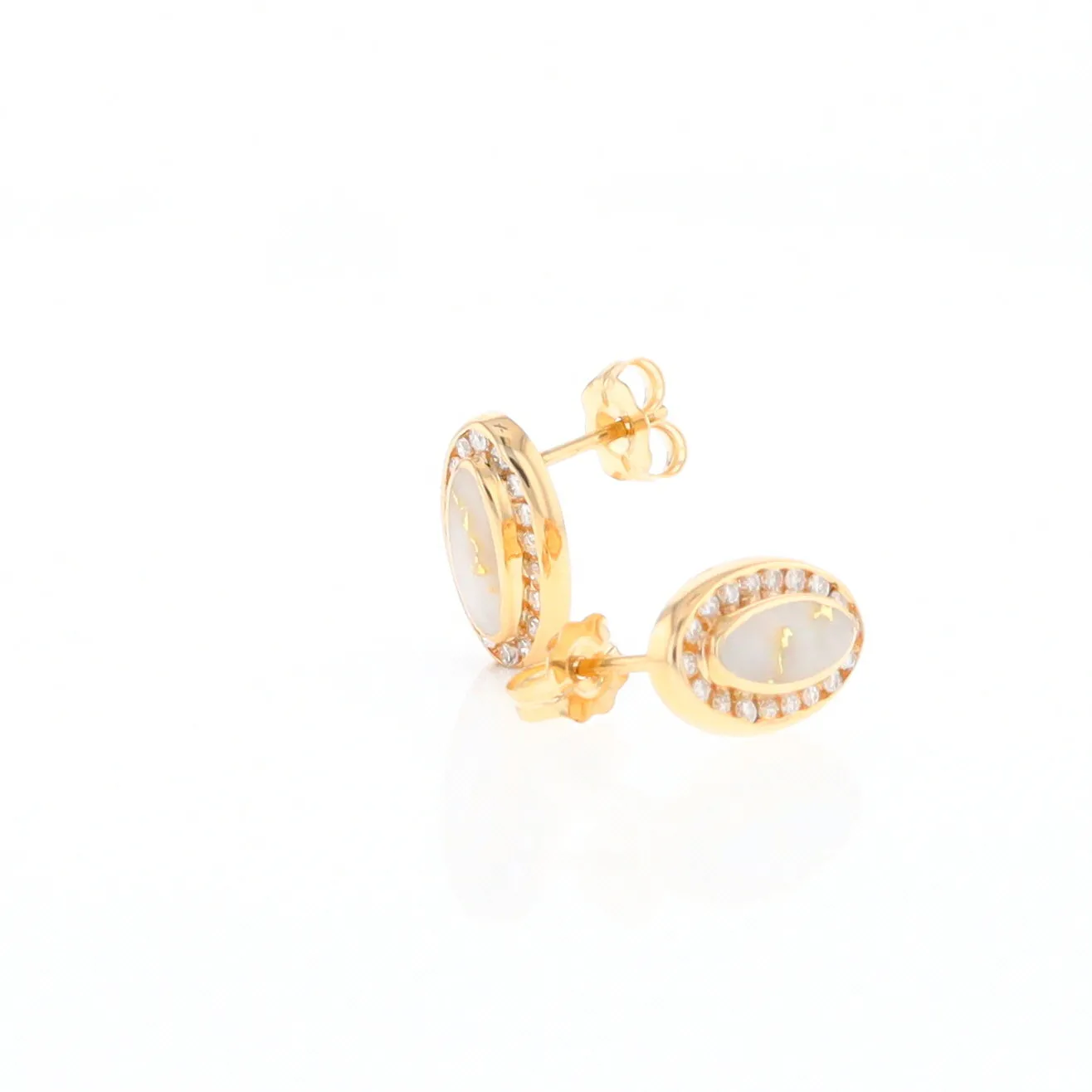 Gold Quartz Earrings Oval Inlaid with .25ctw Round Diamonds Halo