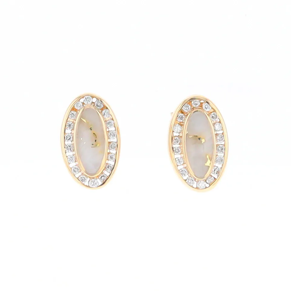 Gold Quartz Earrings Oval Inlaid with .25ctw Round Diamonds Halo