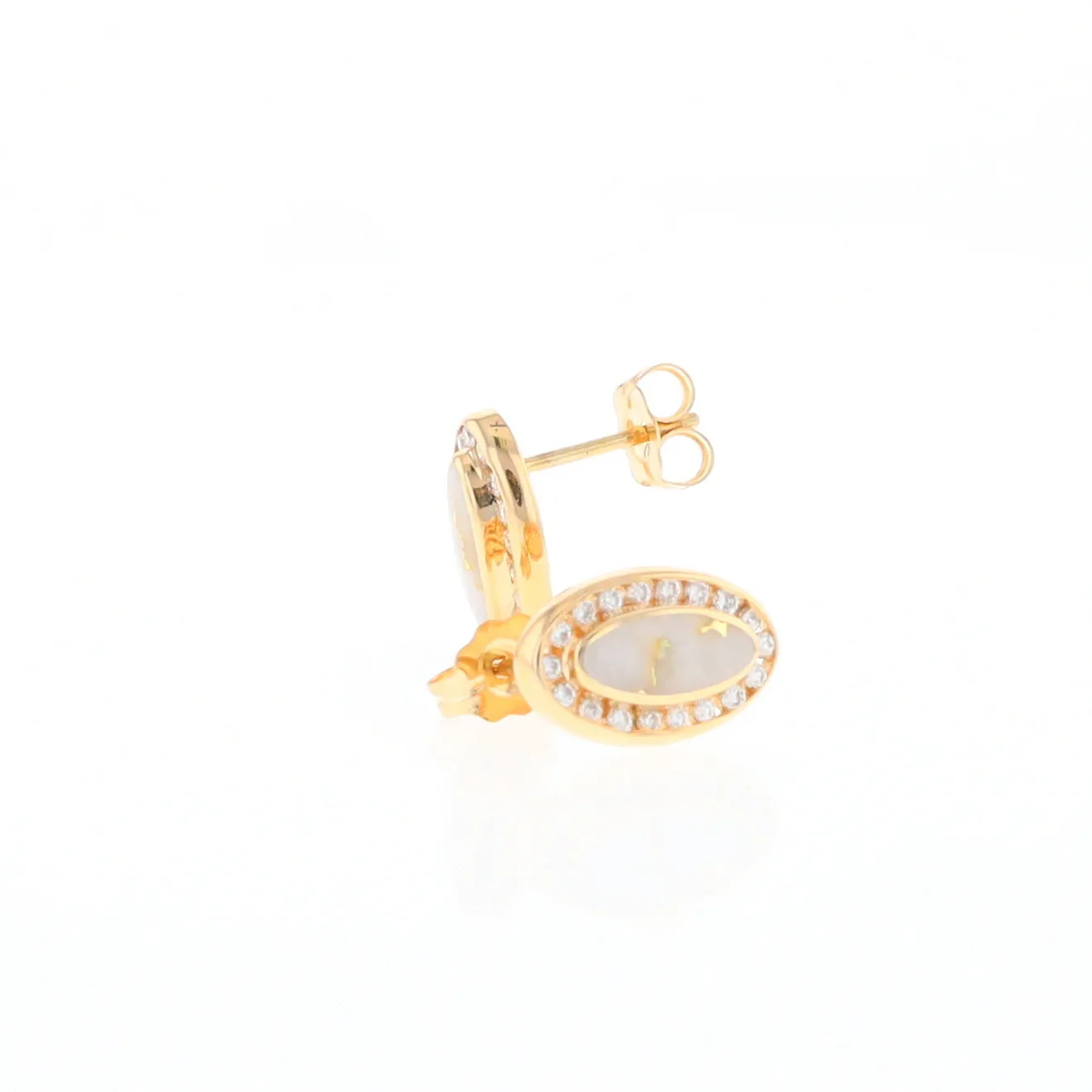 Gold Quartz Earrings Oval Inlaid with .25ctw Round Diamonds Halo
