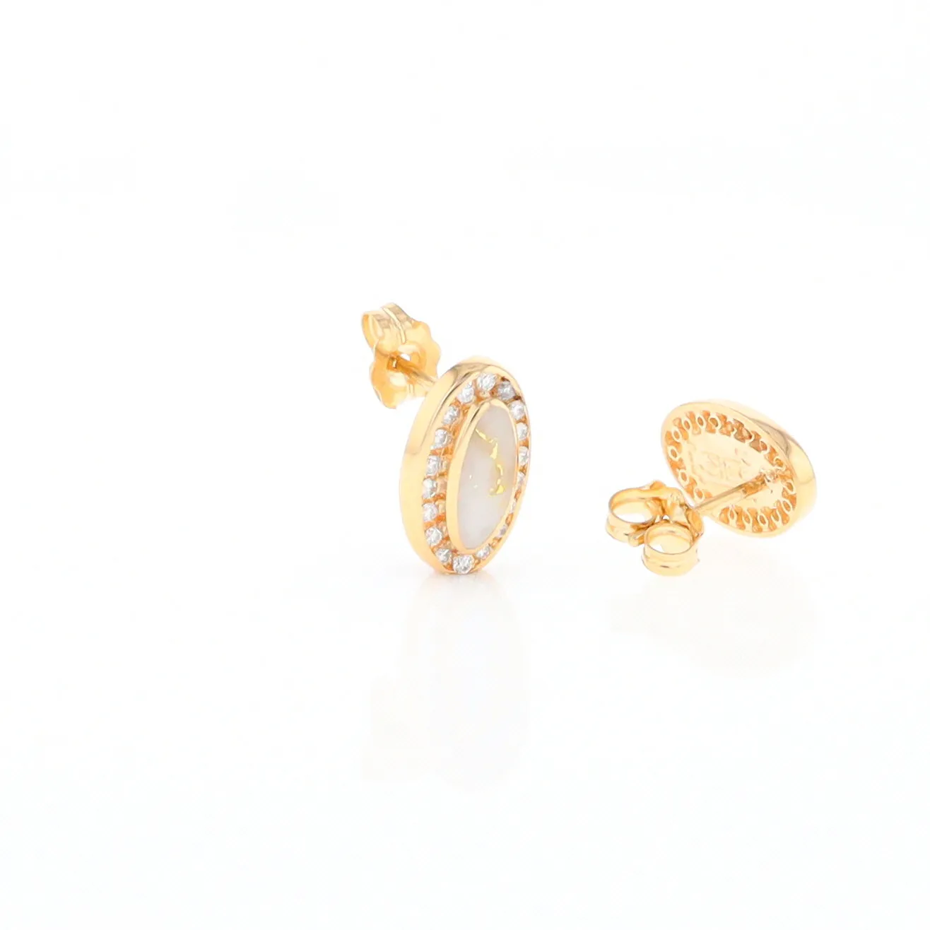 Gold Quartz Earrings Oval Inlaid with .25ctw Round Diamonds Halo