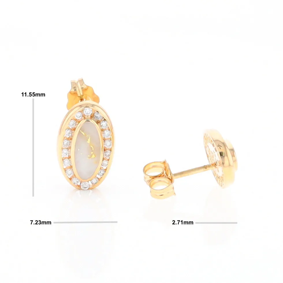 Gold Quartz Earrings Oval Inlaid with .25ctw Round Diamonds Halo