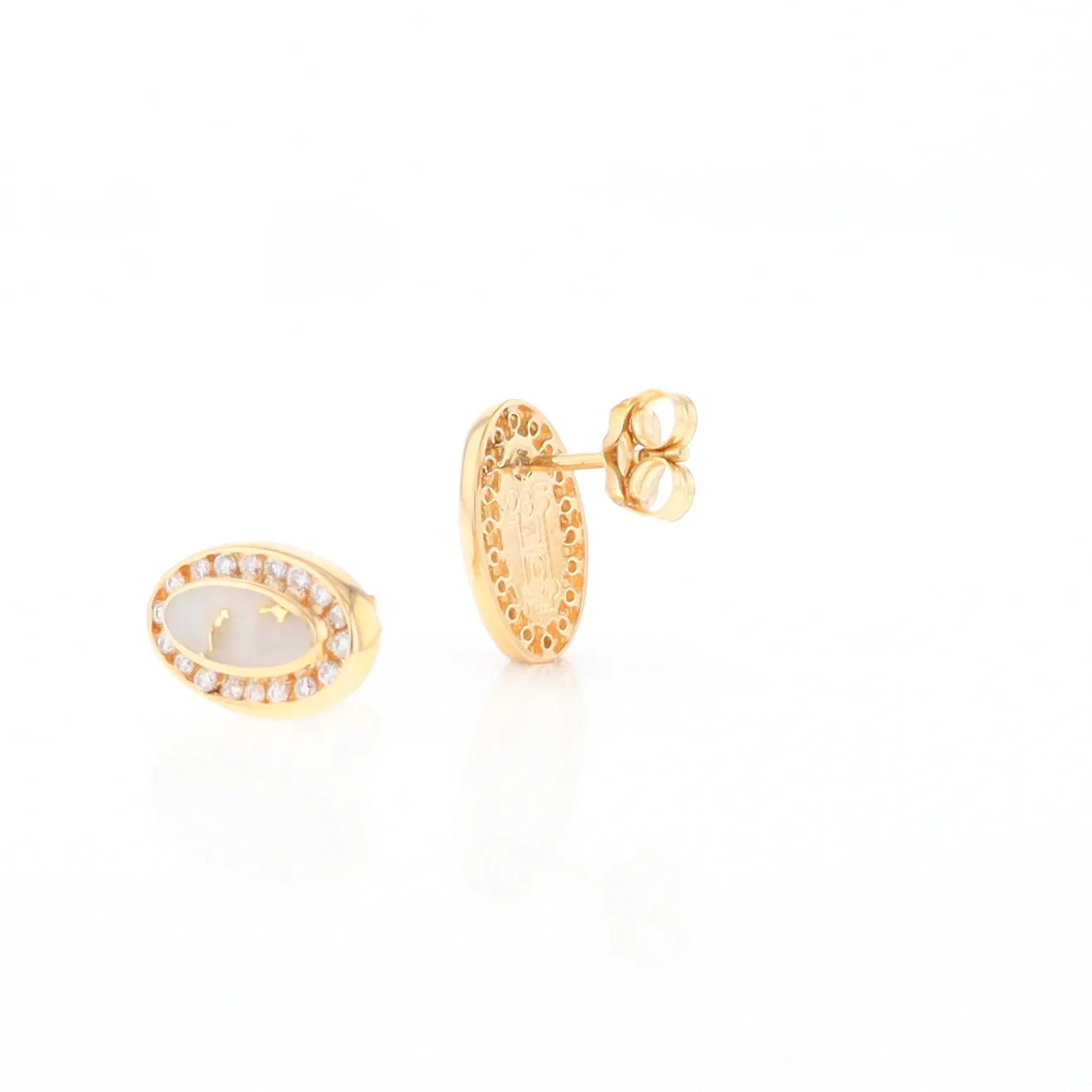 Gold Quartz Earrings Oval Inlaid with .25ctw Round Diamonds Halo