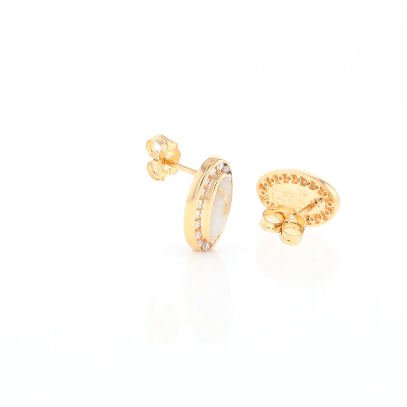 Gold Quartz Earrings Oval Inlaid with .25ctw Round Diamonds Halo