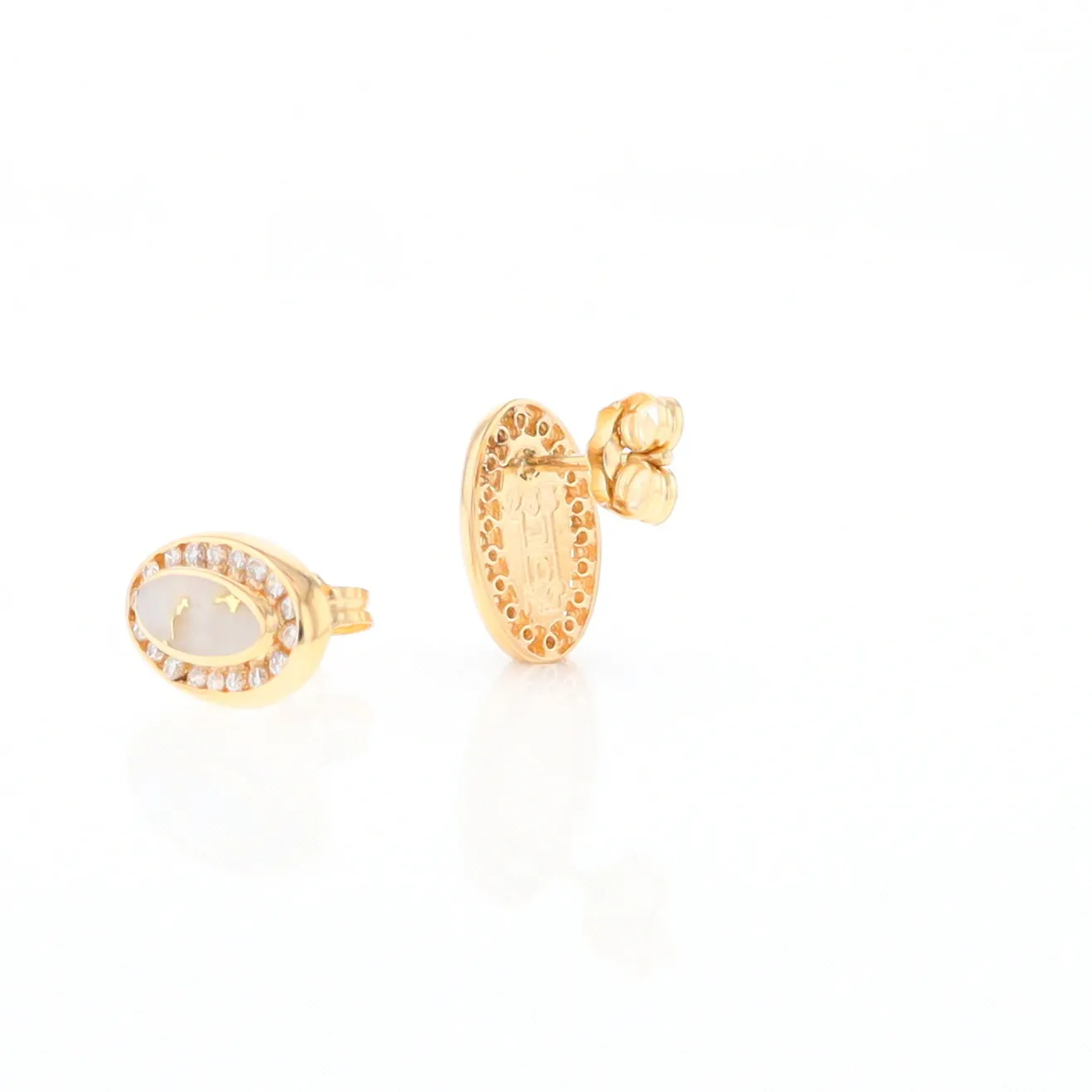 Gold Quartz Earrings Oval Inlaid with .25ctw Round Diamonds Halo