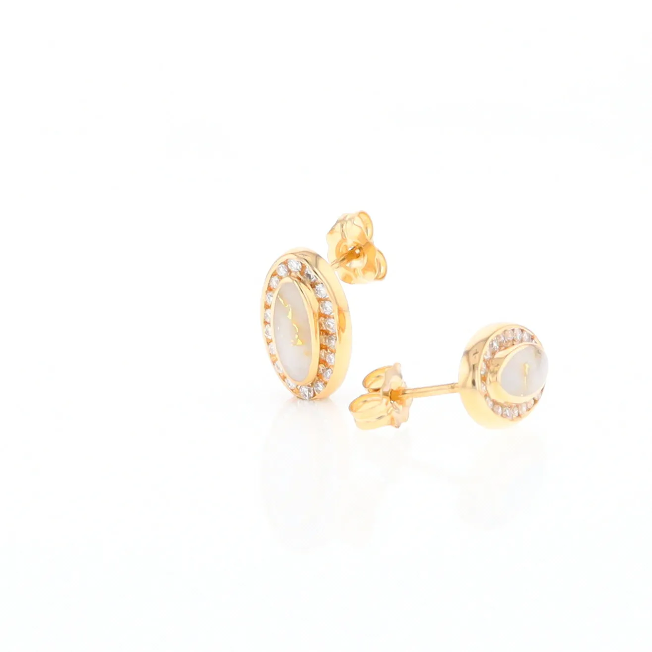Gold Quartz Earrings Oval Inlaid with .25ctw Round Diamonds Halo