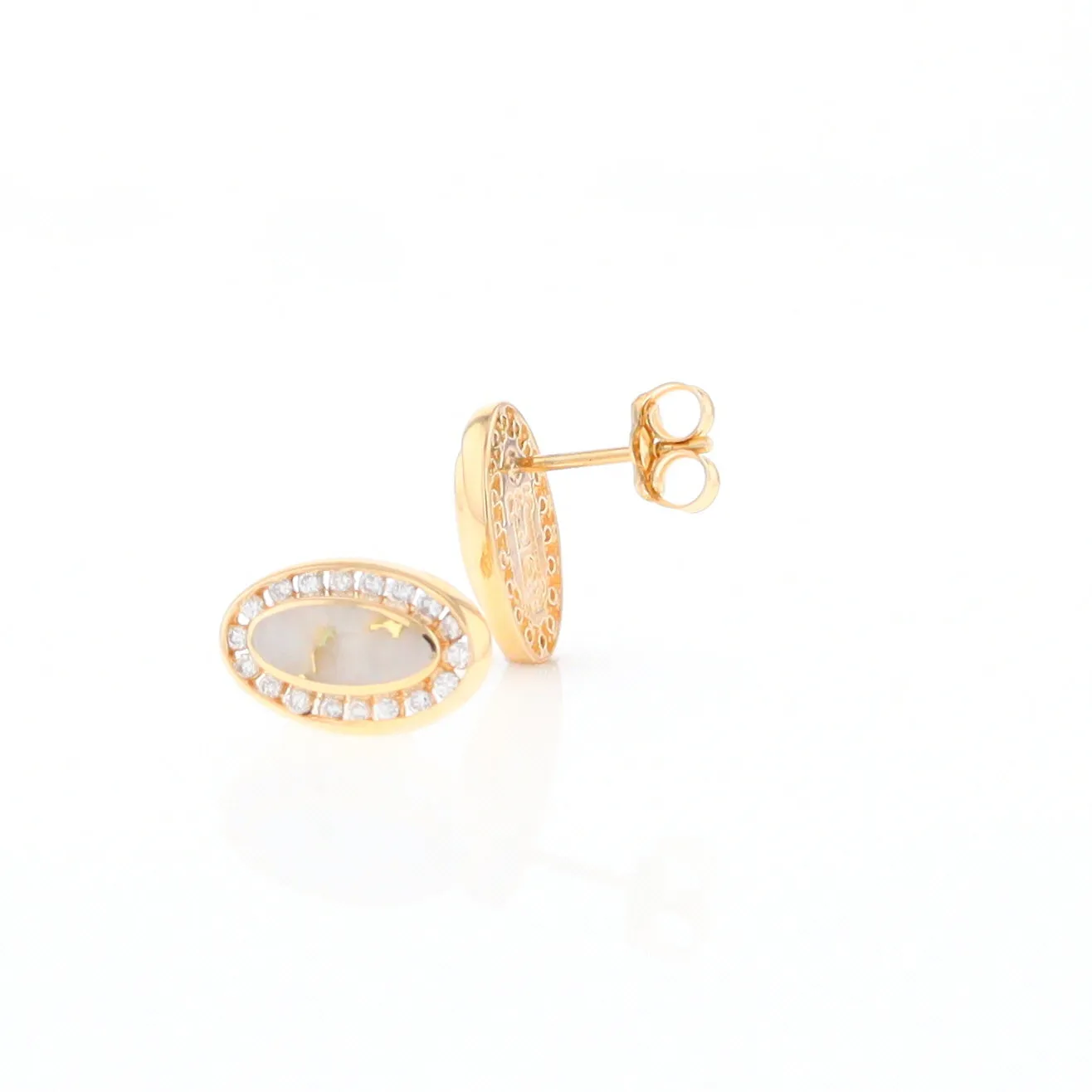 Gold Quartz Earrings Oval Inlaid with .25ctw Round Diamonds Halo