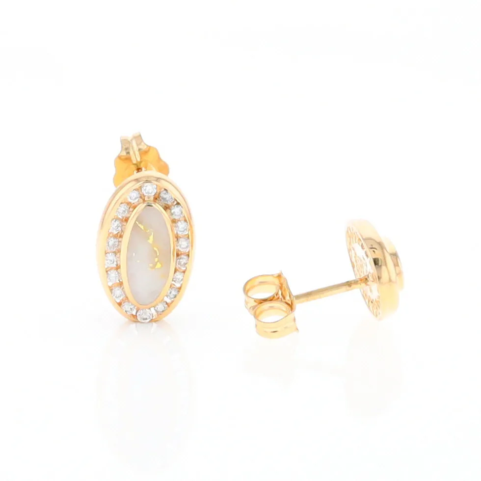 Gold Quartz Earrings Oval Inlaid with .25ctw Round Diamonds Halo