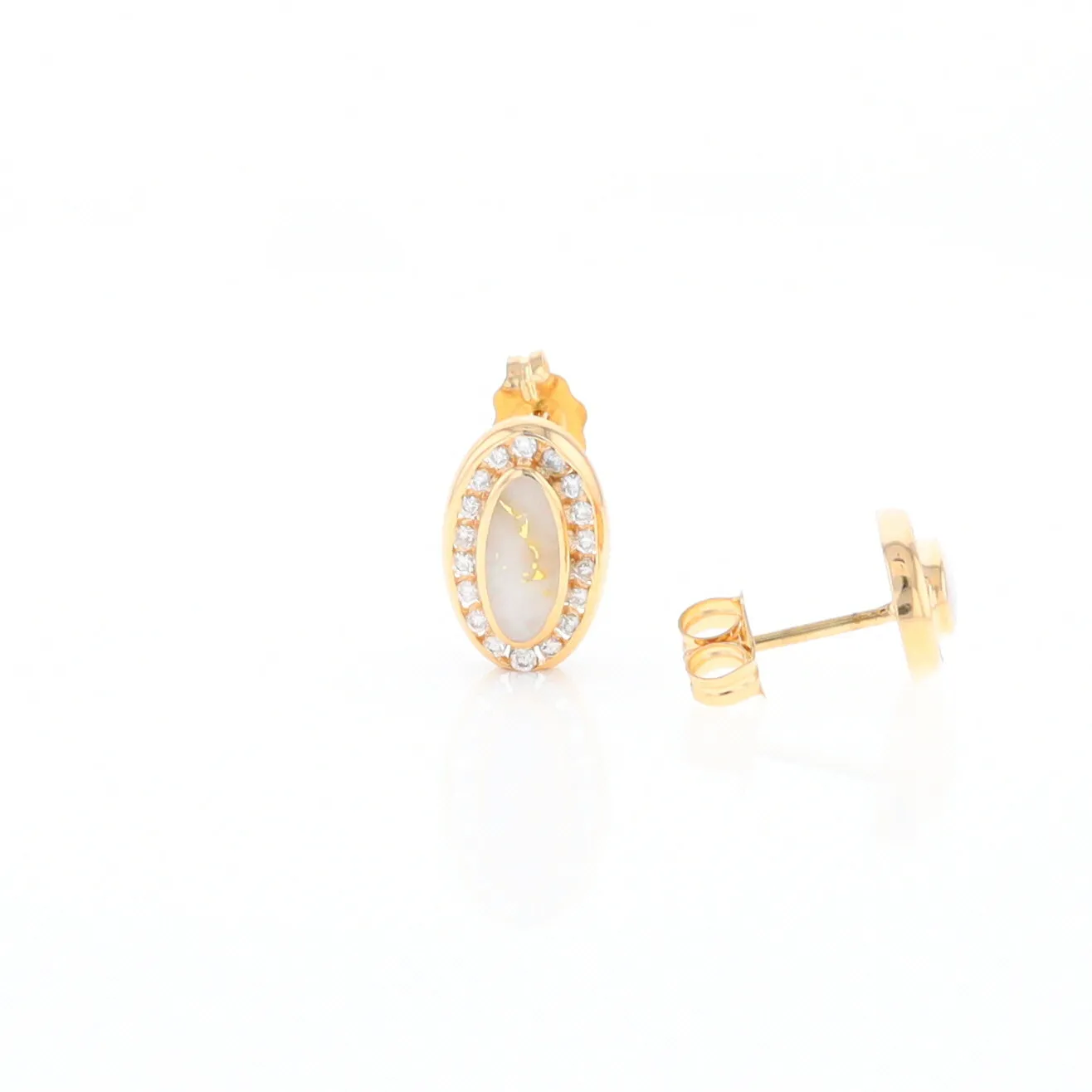 Gold Quartz Earrings Oval Inlaid with .25ctw Round Diamonds Halo