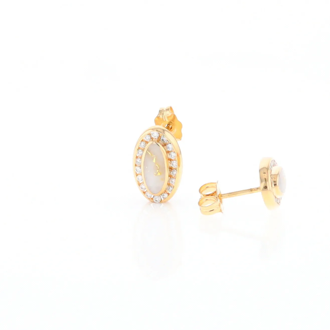Gold Quartz Earrings Oval Inlaid with .25ctw Round Diamonds Halo