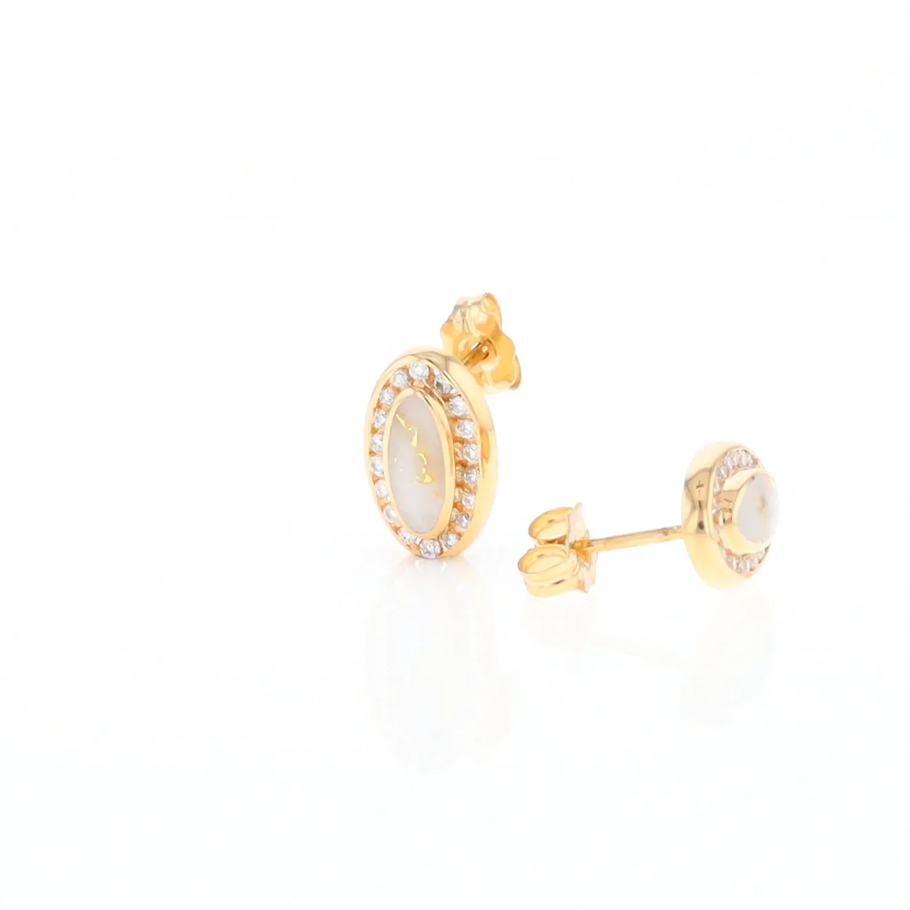 Gold Quartz Earrings Oval Inlaid with .25ctw Round Diamonds Halo