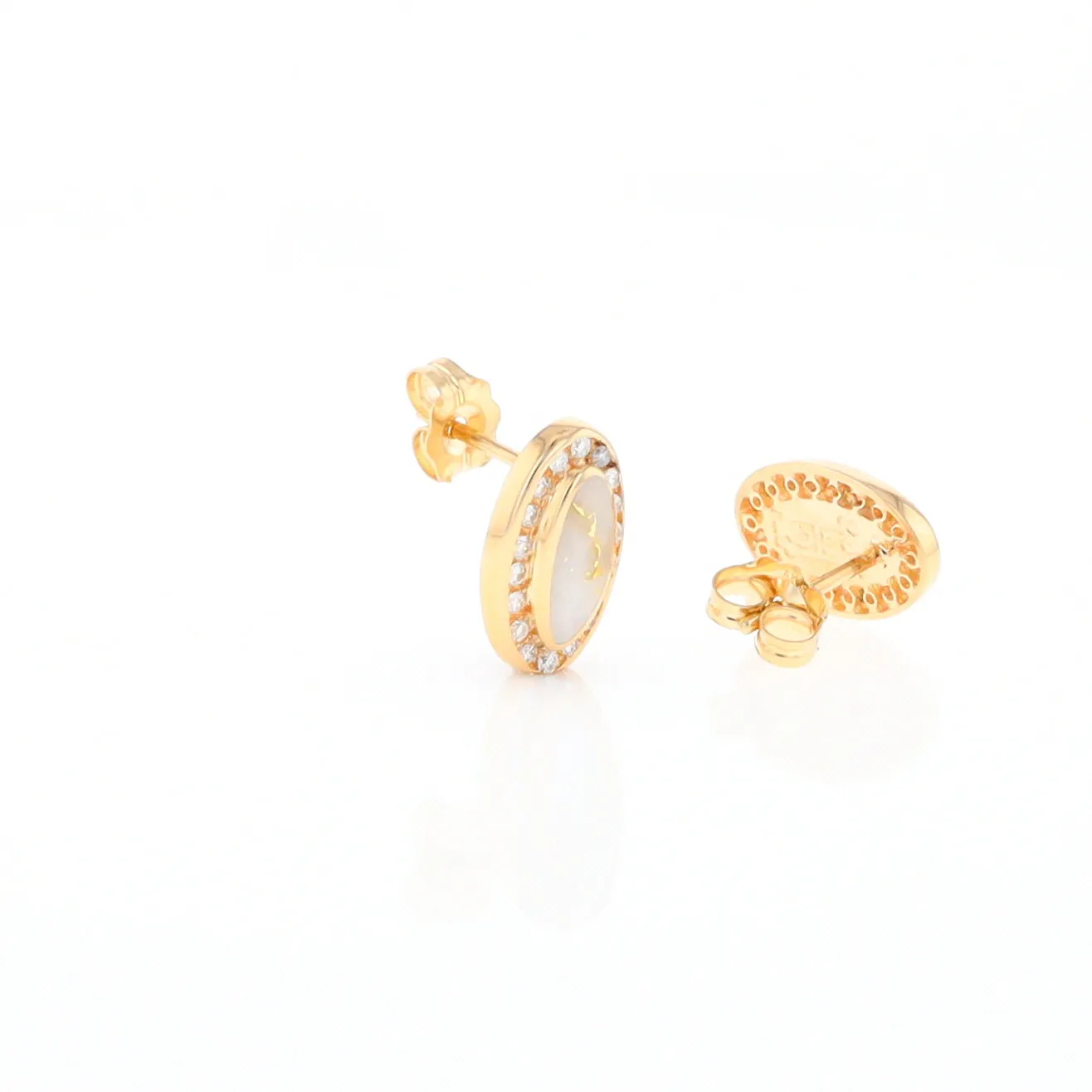 Gold Quartz Earrings Oval Inlaid with .25ctw Round Diamonds Halo