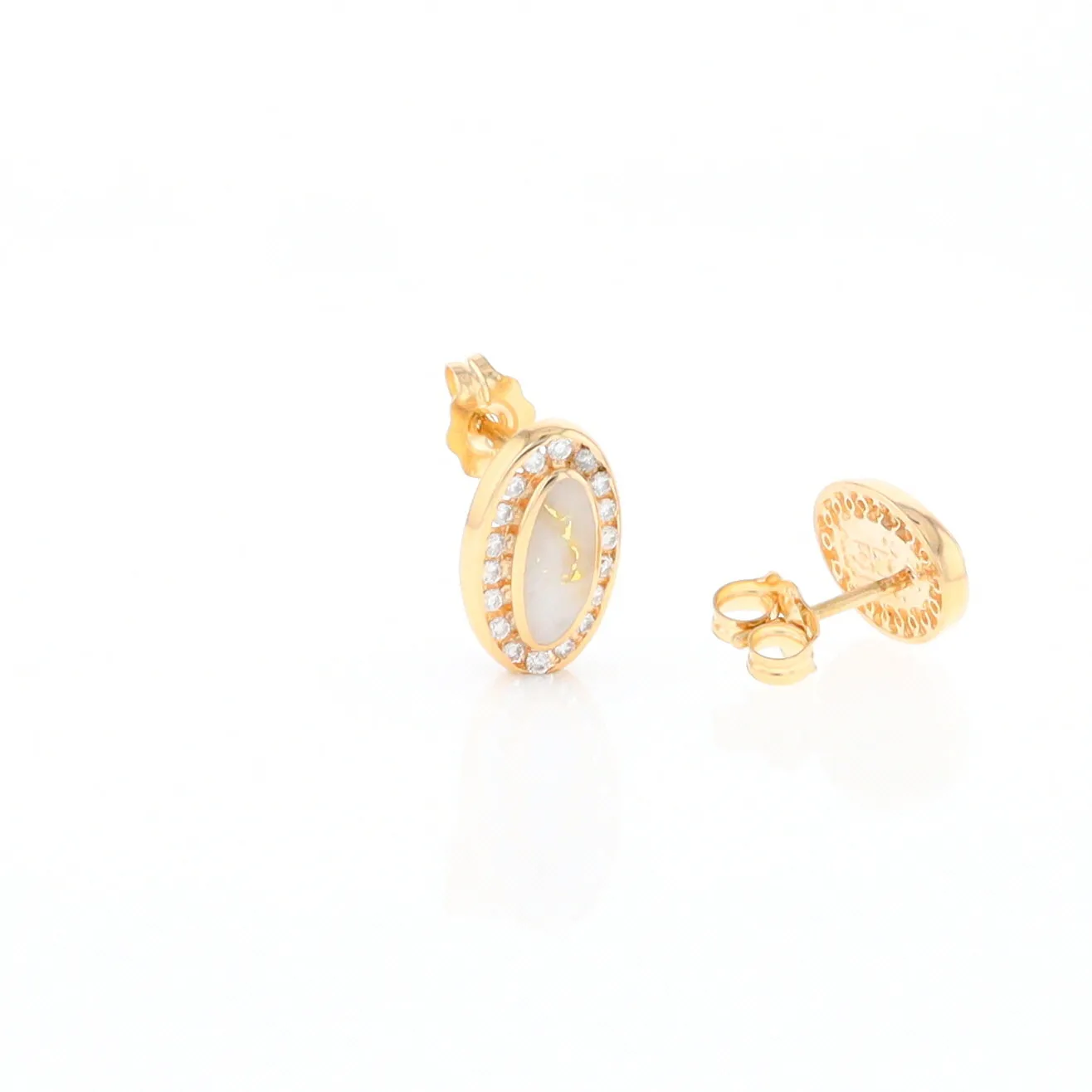 Gold Quartz Earrings Oval Inlaid with .25ctw Round Diamonds Halo