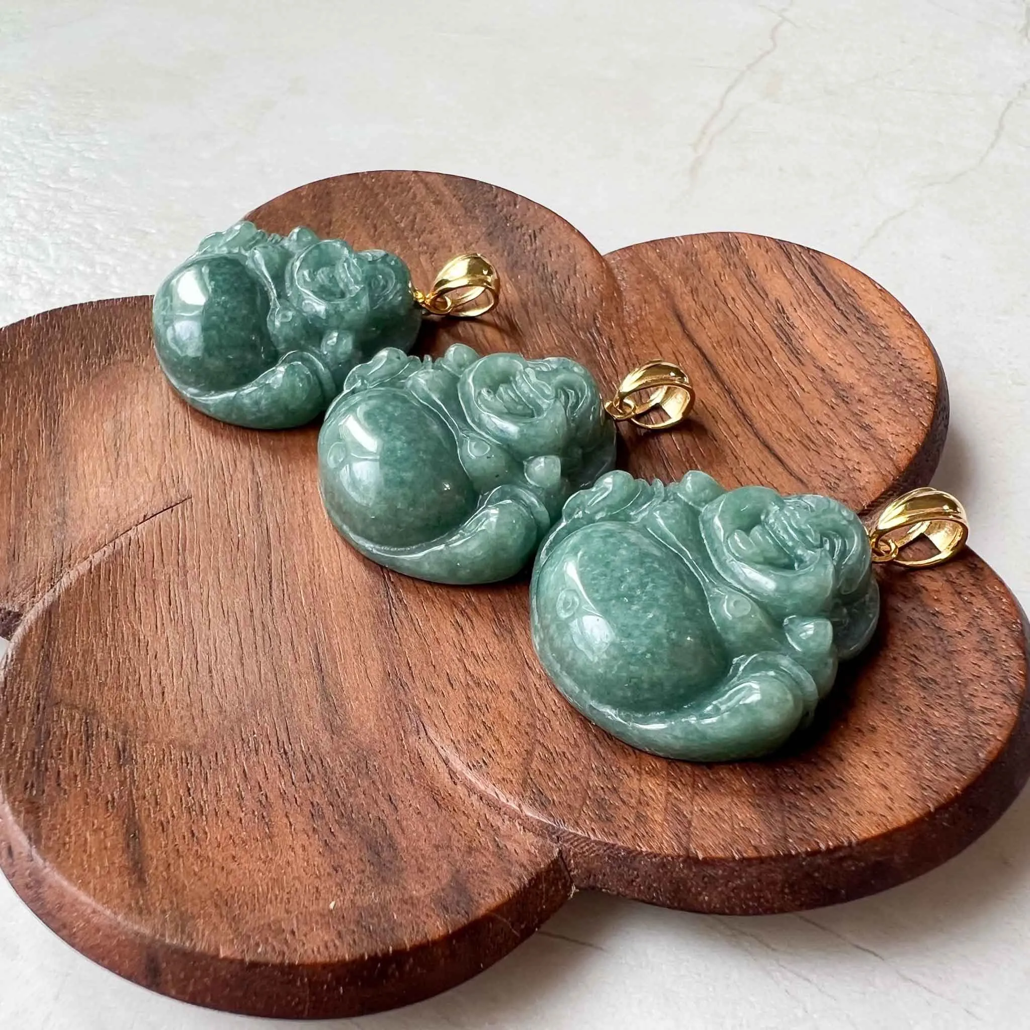 Green Happy Buddha Jadeite Jade with 18K Solid Gold Pendant, SHWQ-0423-1682304755