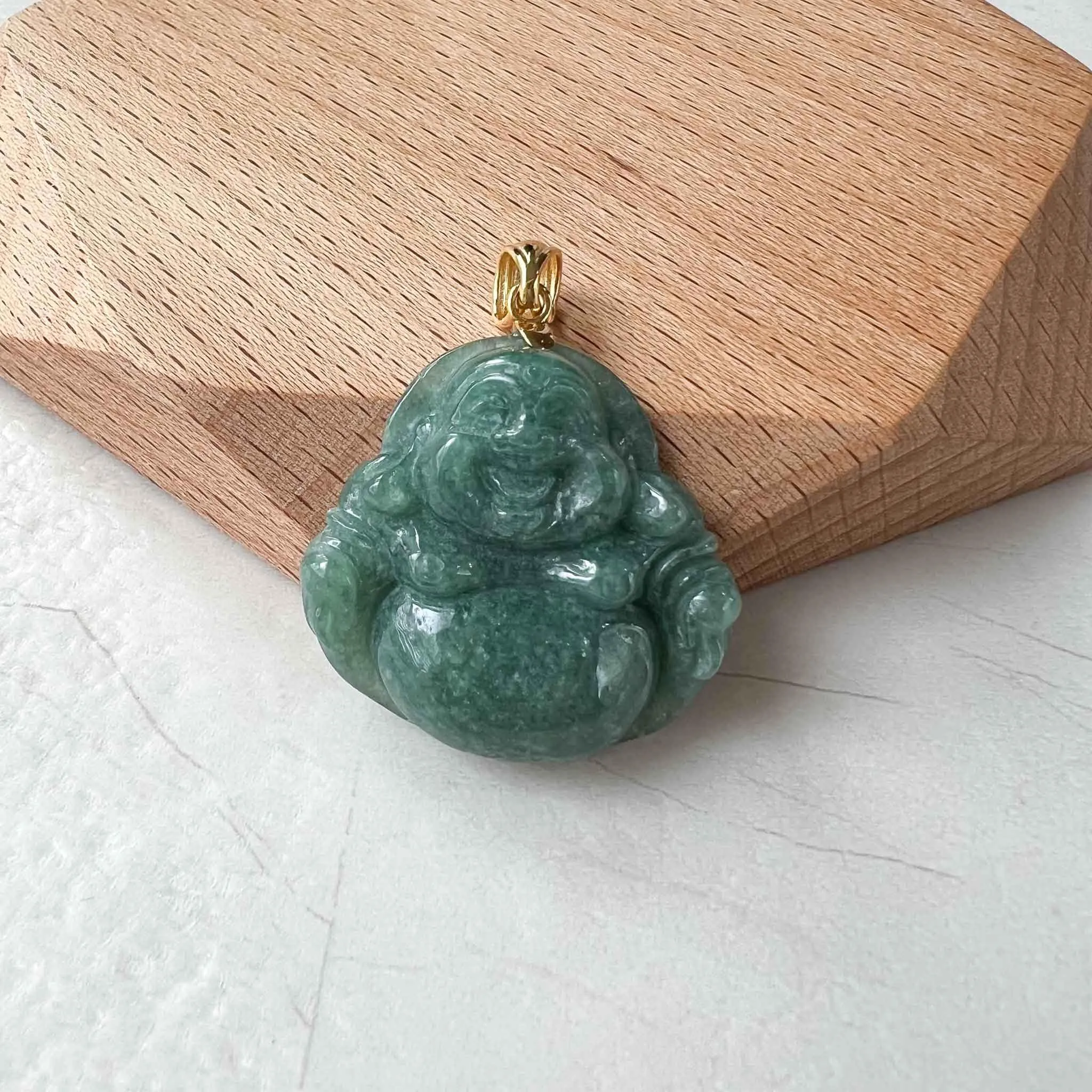 Green Happy Buddha Jadeite Jade with 18K Solid Gold Pendant, SHWQ-0423-1682304755
