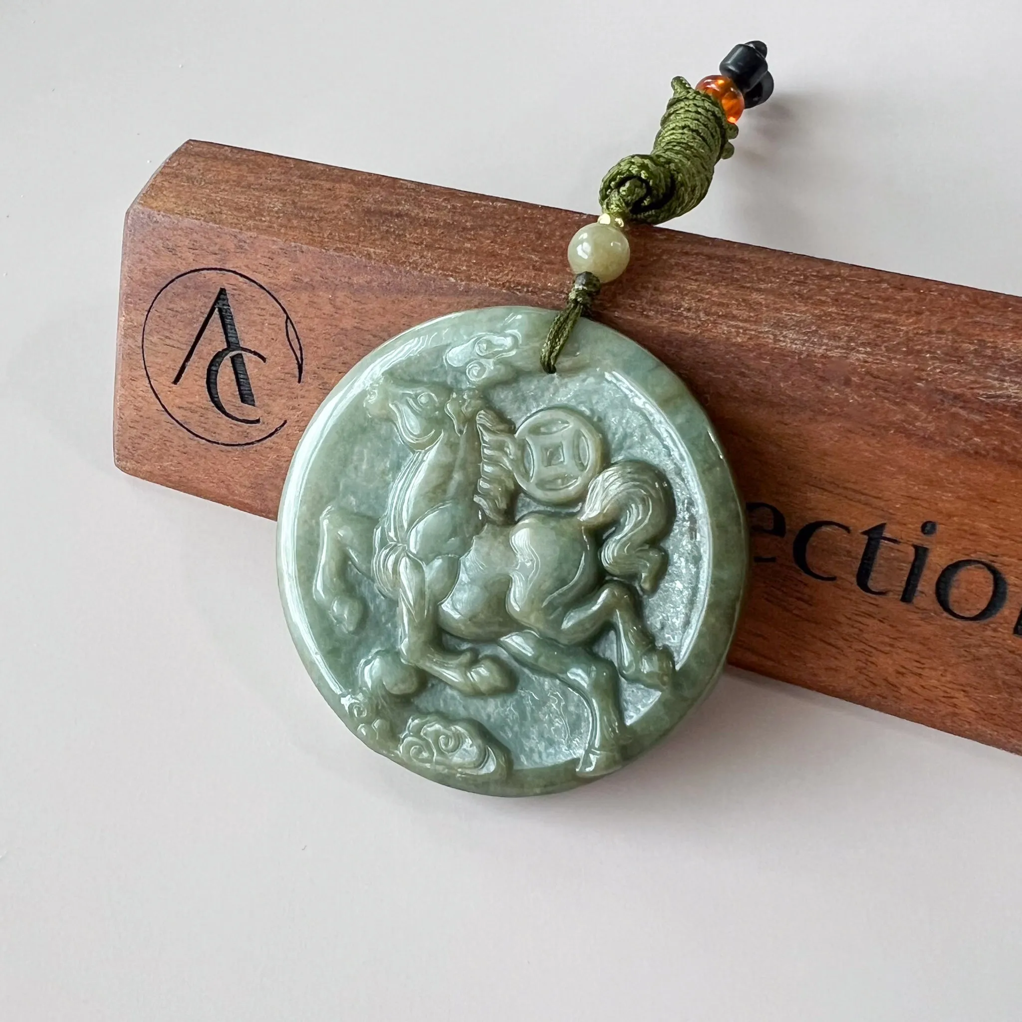 Green Horse Jade Jadeite Chinese Zodiac Carved Pendant Necklace, YJ-0322-0319663