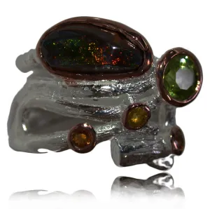 Green Orange Opal Ring with Peridot and Saphire