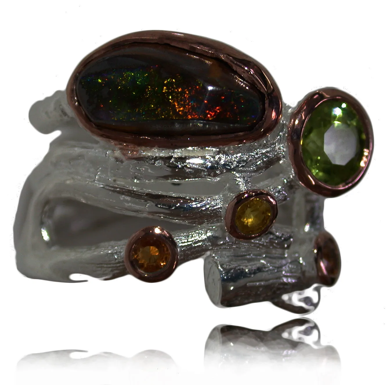 Green Orange Opal Ring with Peridot and Saphire
