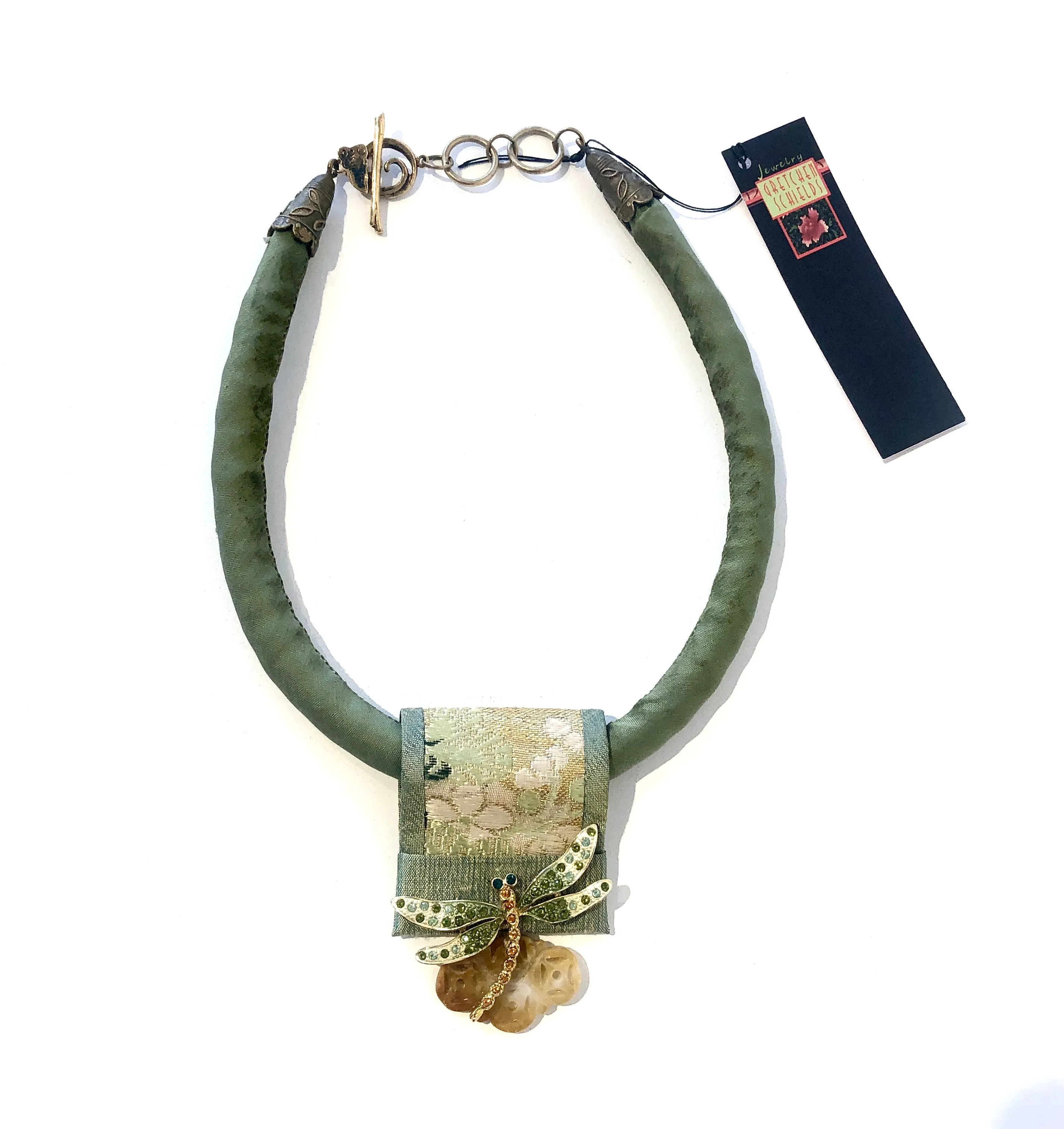 Green Silk Cord Necklace with Glass-gem Dragonfly and Carved Jade Pendant