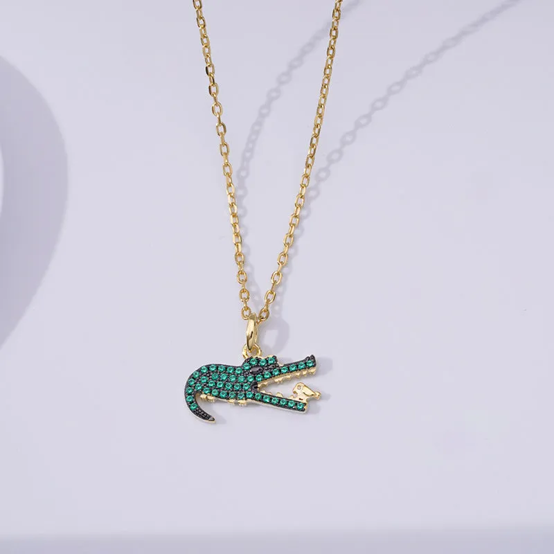 Green Zircon Crocodile Pendant Silver Necklace