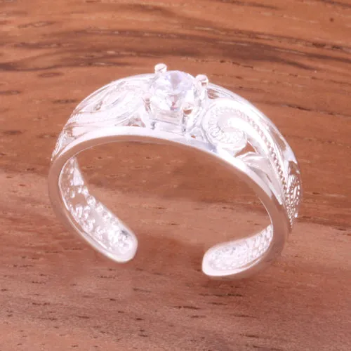 Hawaiian Scroll See Through with Clear Round CZ Toe Ring