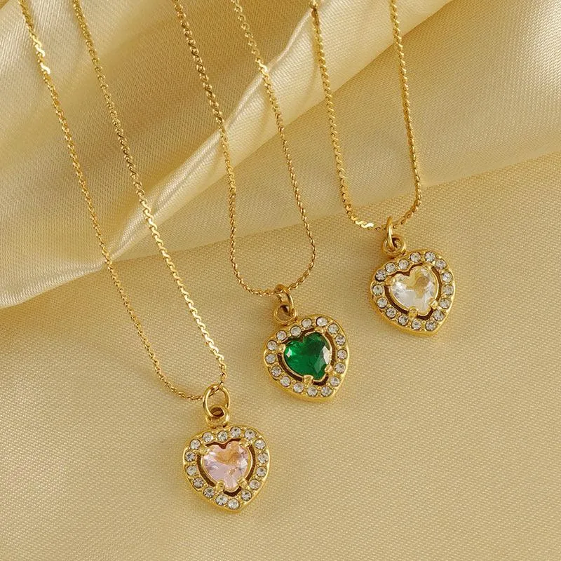 Heart-Shaped Zircon Pendant Necklace – 18K Gold Plated with Colourful Gemstone Options