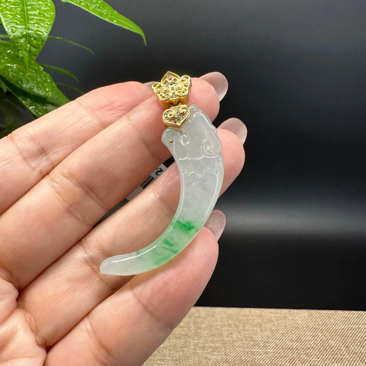 High-end 18K Yellow Gold Burmese Icy Green Jadeite Jade Tiger Tooth Pendant