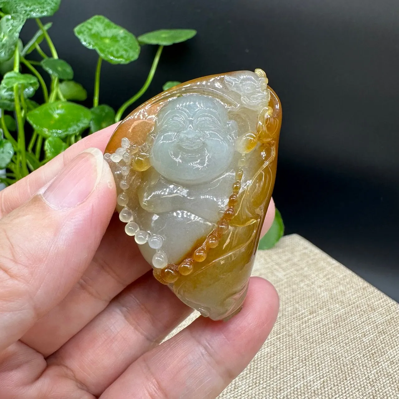 High end Genuine Burmese Honey Yellow Jadeite Jade Happy Buddha Pendant Collectibles