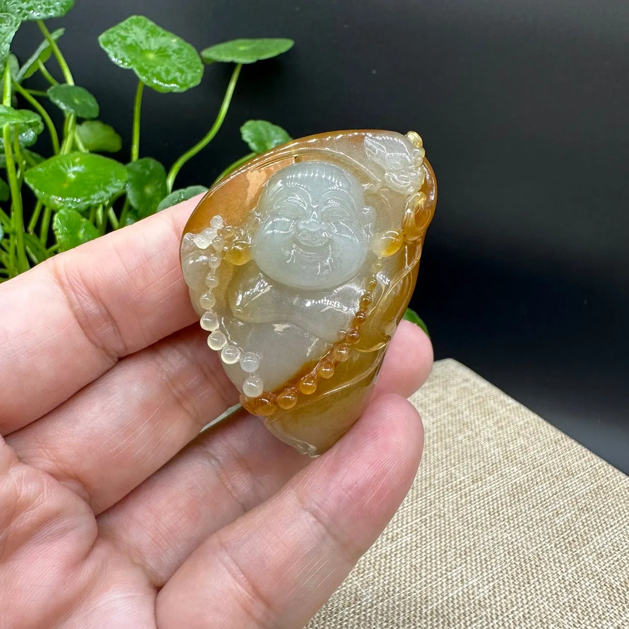 High end Genuine Burmese Honey Yellow Jadeite Jade Happy Buddha Pendant Collectibles