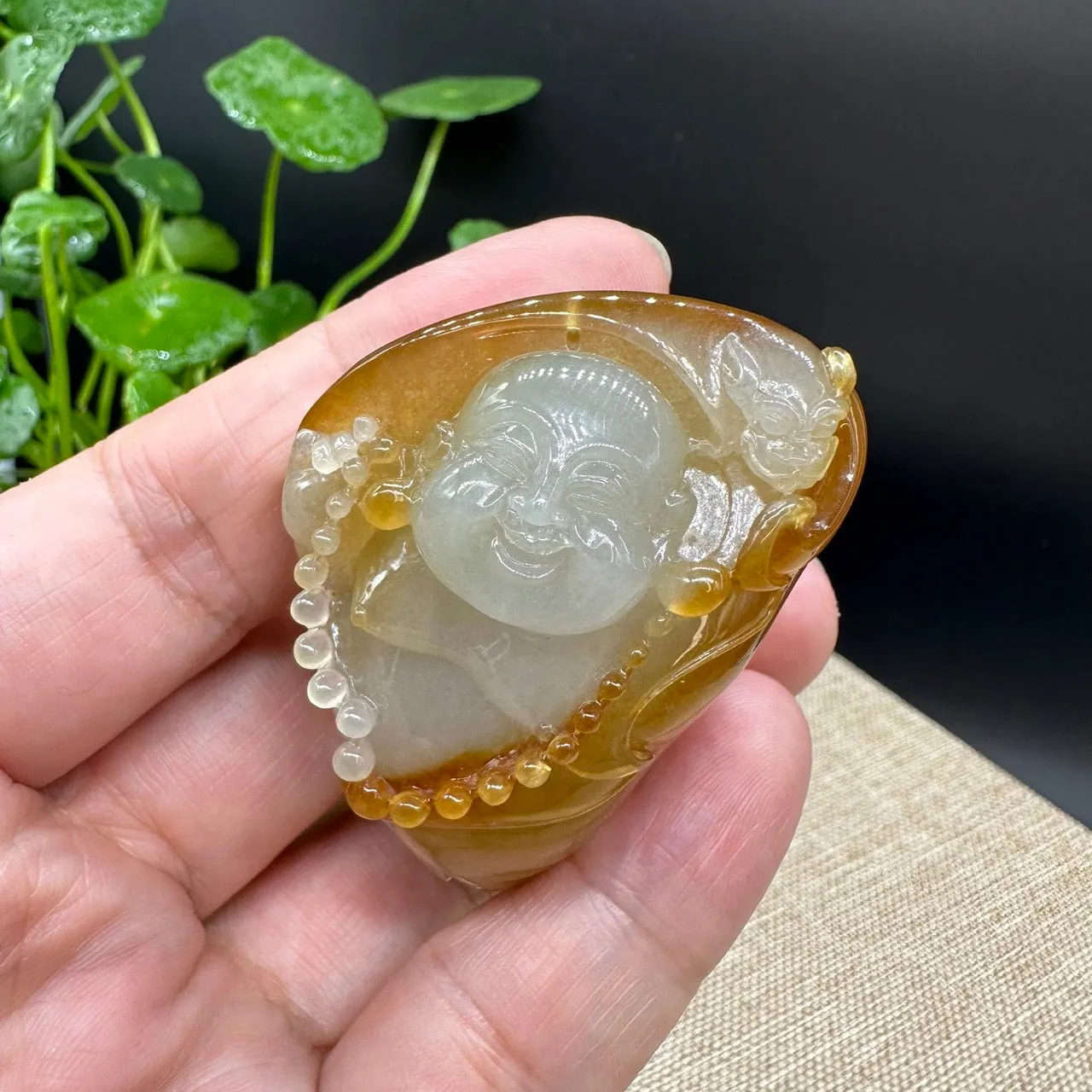 High end Genuine Burmese Honey Yellow Jadeite Jade Happy Buddha Pendant Collectibles