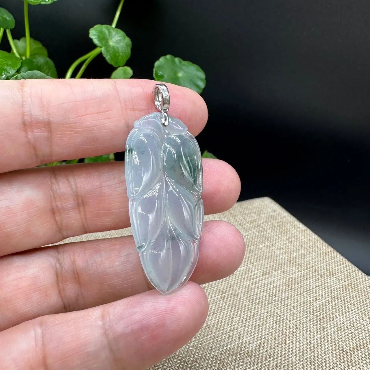 High end Genuine Ice Jadeite Jade Jin Zhi Yu Ye (Leaf) Necklace With White Gold SI Diamond Bail