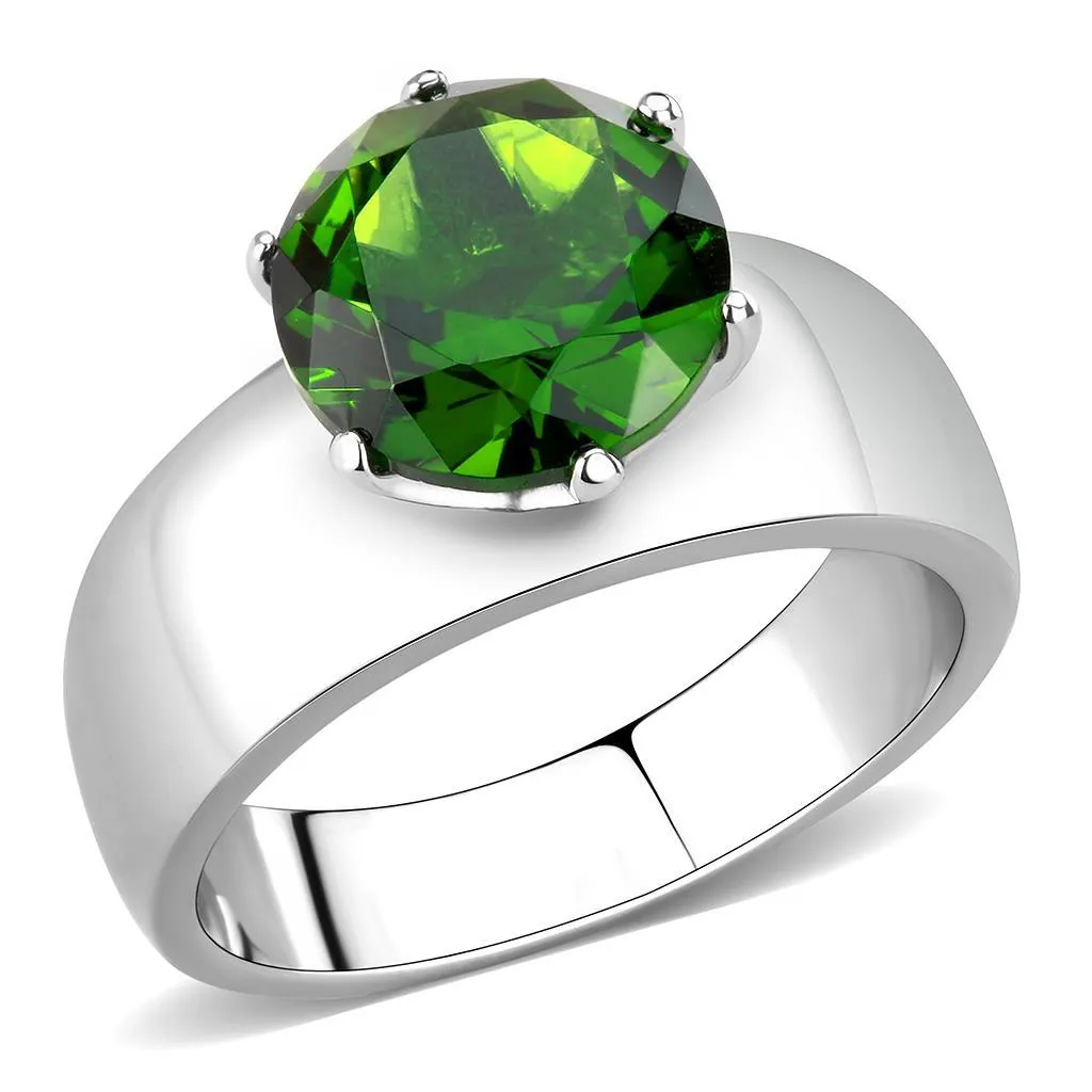 High polished (no plating) Stainless Steel Ring with Synthetic Synthetic Glass in Peridot for Women Style TK52008