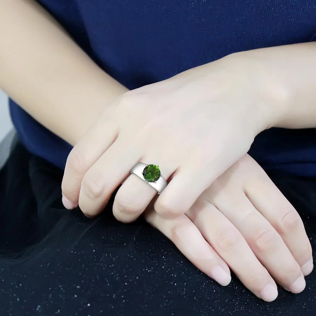 High polished (no plating) Stainless Steel Ring with Synthetic Synthetic Glass in Peridot for Women Style TK52008