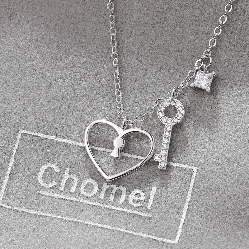 Hollow Heart-shaped with Key Silver Necklace for Women