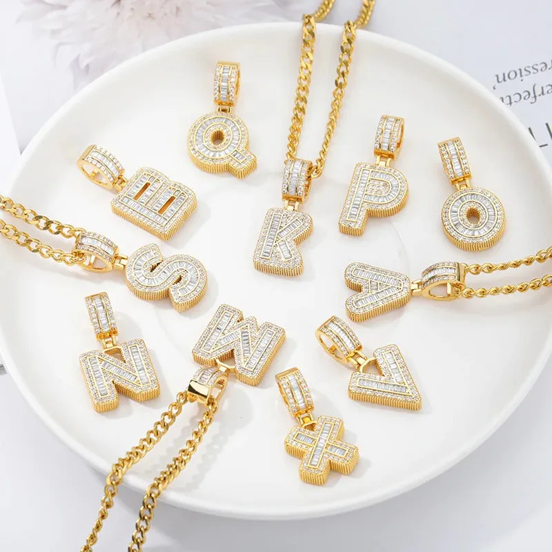 Iced Out Zircon Bejeweled A-Z Initial Letter Pendant Necklaces