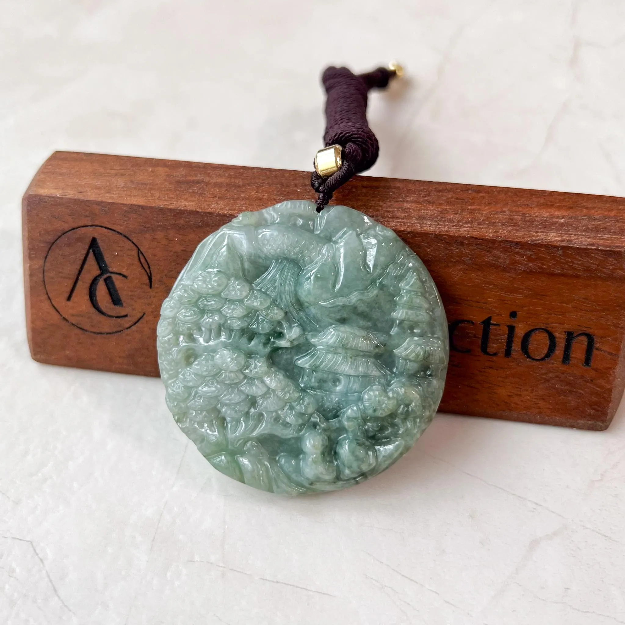 Landscape Mountain Forest River Scenery, Green Jade, Hand Carved Pendant Necklace,YJ-0422-0350138