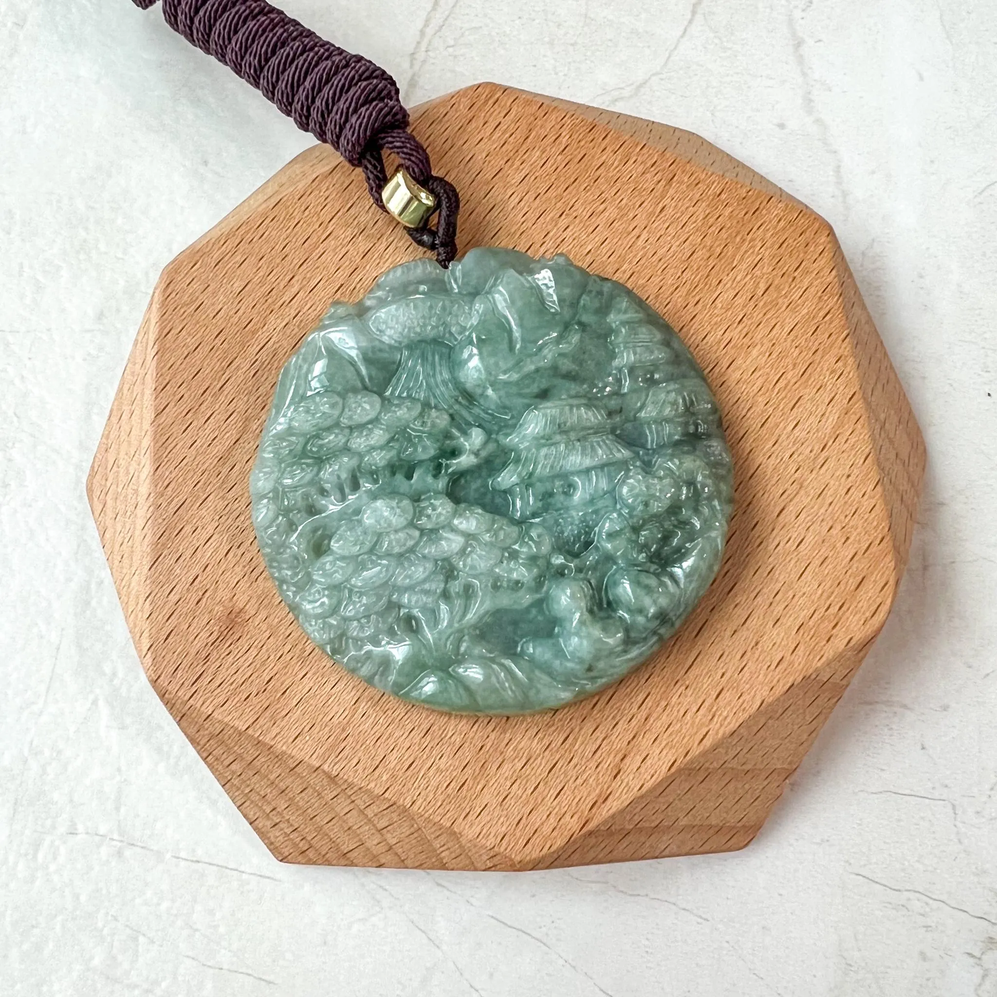 Landscape Mountain Forest River Scenery, Green Jade, Hand Carved Pendant Necklace,YJ-0422-0350138