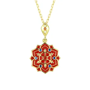 Lotus Pattern Series Red and Blue Zircon Red Lotus Pendant Silver Necklace for Women