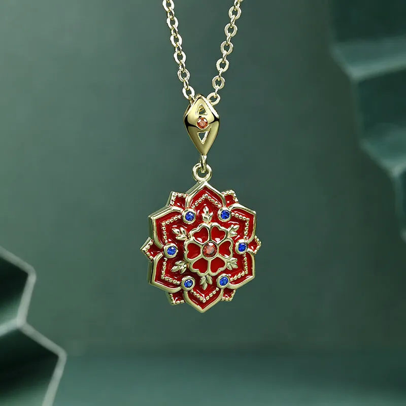 Lotus Pattern Series Red and Blue Zircon Red Lotus Pendant Silver Necklace for Women