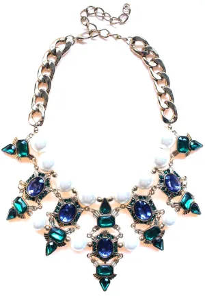 Luxe Chunky Pearl & Deco Jeweled Statement Necklace- Emerald & Sapphire