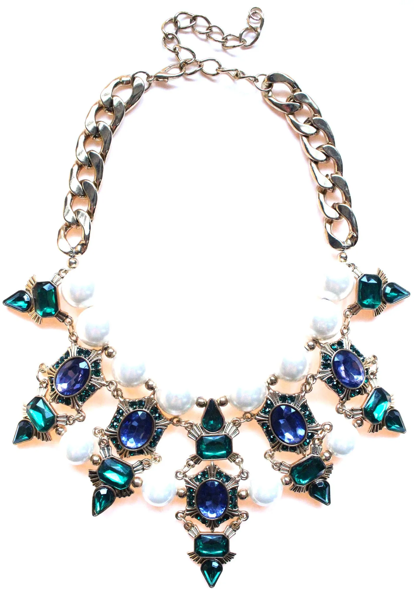 Luxe Chunky Pearl & Deco Jeweled Statement Necklace- Emerald & Sapphire