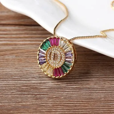 Micro Pave Rainbow Sun Necklace with Initial A-Z Cubic Zircon in Gold Color