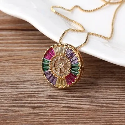 Micro Pave Rainbow Sun Necklace with Initial A-Z Cubic Zircon in Gold Color