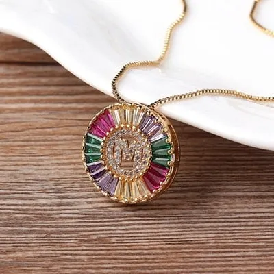 Micro Pave Rainbow Sun Necklace with Initial A-Z Cubic Zircon in Gold Color