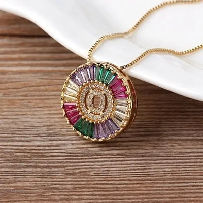 Micro Pave Rainbow Sun Necklace with Initial A-Z Cubic Zircon in Gold Color