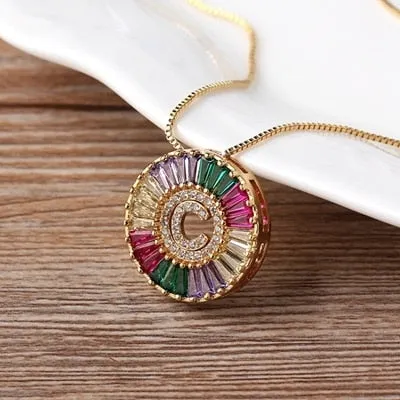 Micro Pave Rainbow Sun Necklace with Initial A-Z Cubic Zircon in Gold Color