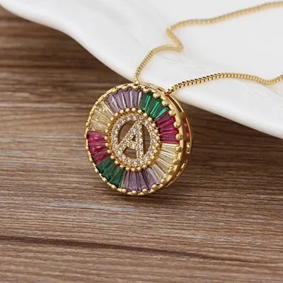 Micro Pave Rainbow Sun Necklace with Initial A-Z Cubic Zircon in Gold Color
