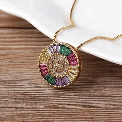 Micro Pave Rainbow Sun Necklace with Initial A-Z Cubic Zircon in Gold Color