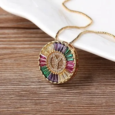 Micro Pave Rainbow Sun Necklace with Initial A-Z Cubic Zircon in Gold Color