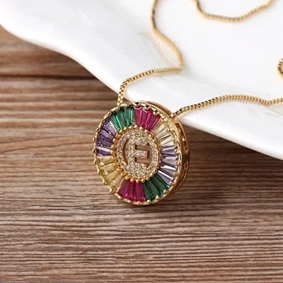 Micro Pave Rainbow Sun Necklace with Initial A-Z Cubic Zircon in Gold Color